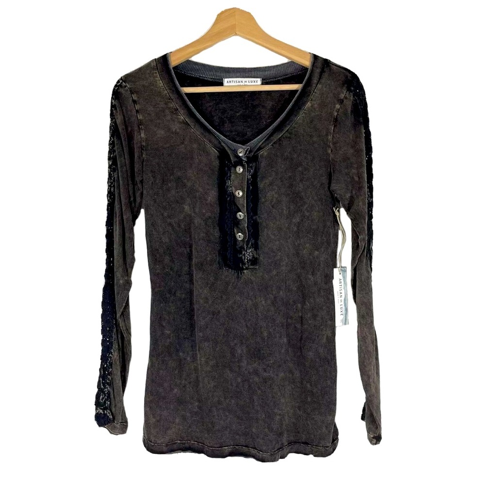 NWT Artisan de Luxe Washed Henley Lace Top Long Sleeves Brown Sz M